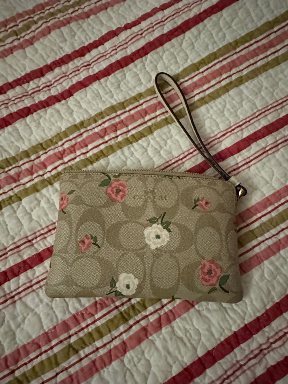 Coach Beige Floral Signature Wristlet with Pink & White Roses